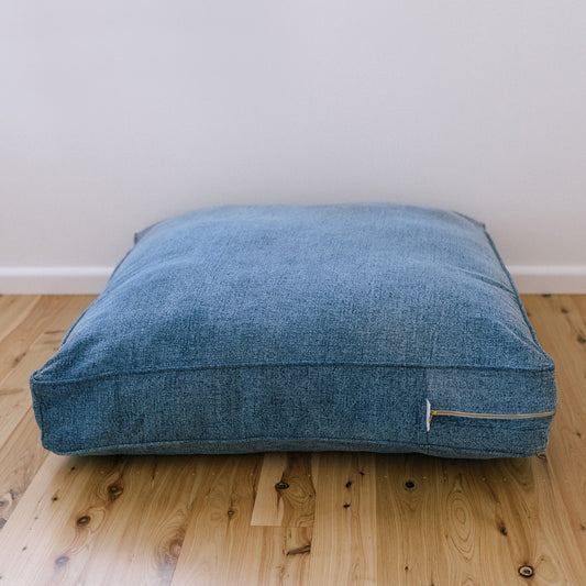 Bonnie indigo stone wash denim dog bed on timber floor